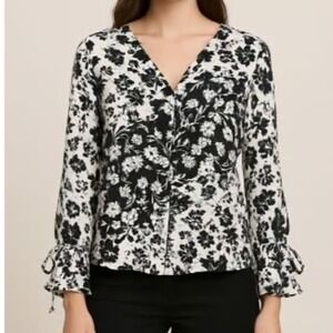 Adrianna Papell Floral Blouse Black White Women's Size S Tie Cuff Long Sleeve Lq